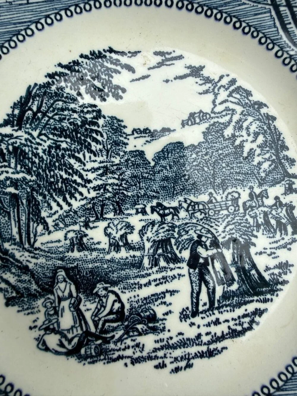 Vintage Blue & White Currier & Ives Ceramic Plate Pastoral Scene Harvest 6.5